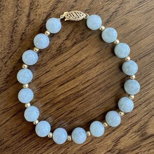 14K Gold Green Jadeite Jade Beaded Bracelet 7.5 in Vintage Estate Jewelry 8mm